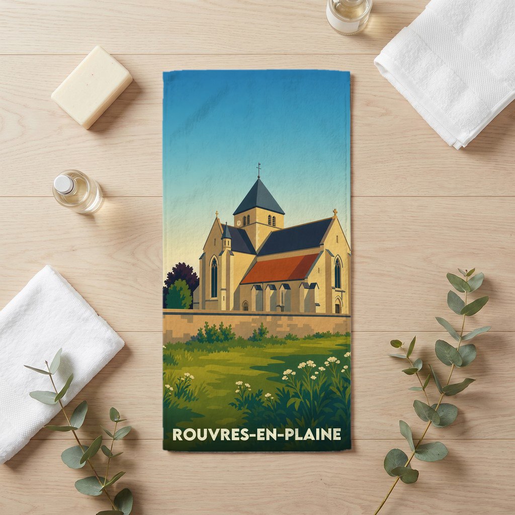 Serviette de bain souvenir de la ville de Rouvres-en-Plaine avec une illustration stylisée de son église.
