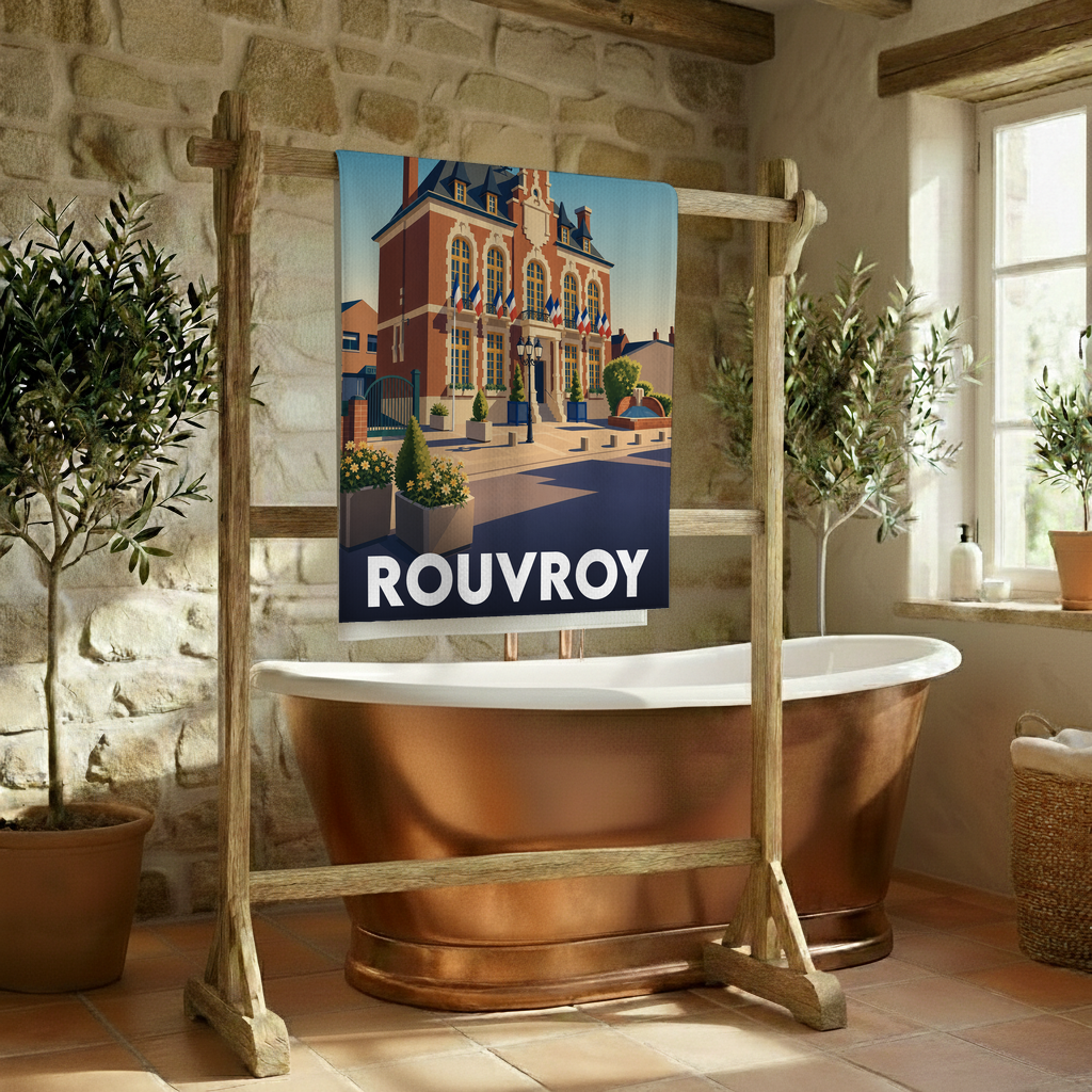 Serviette de bain souvenir de la ville de Rouvroy avec une illustration stylisée.