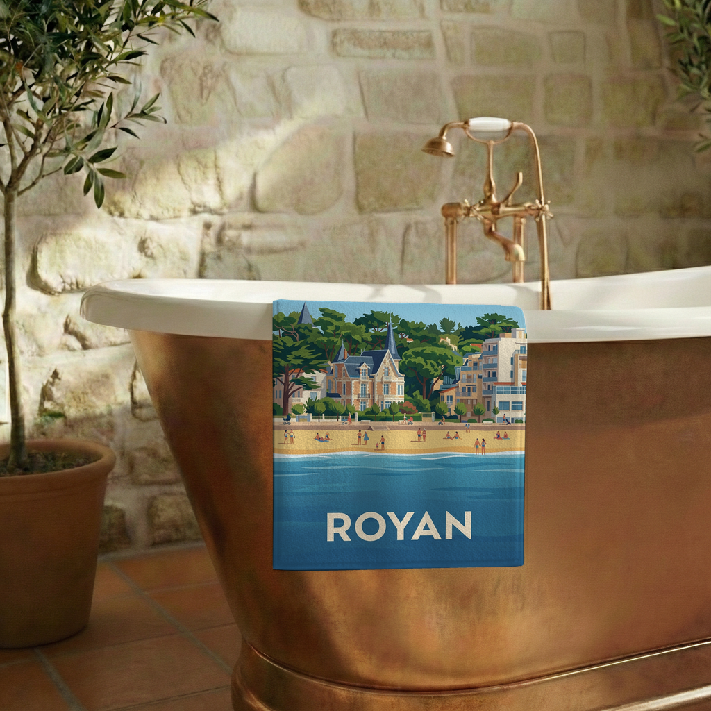 Serviette de bain souvenir de la ville de Royan avec une illustration stylisée.