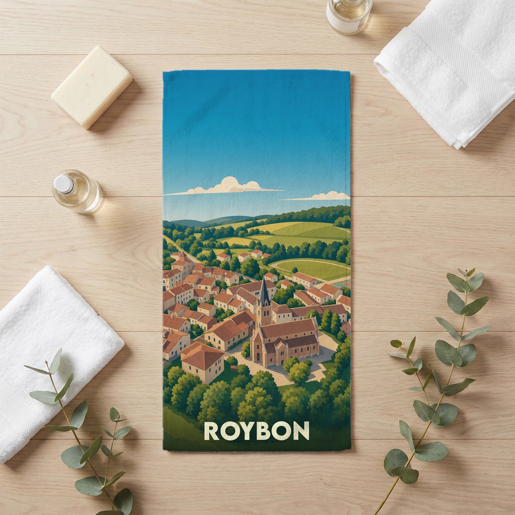 Serviette de bain souvenir de la ville de Roybon avec une illustration stylisée.