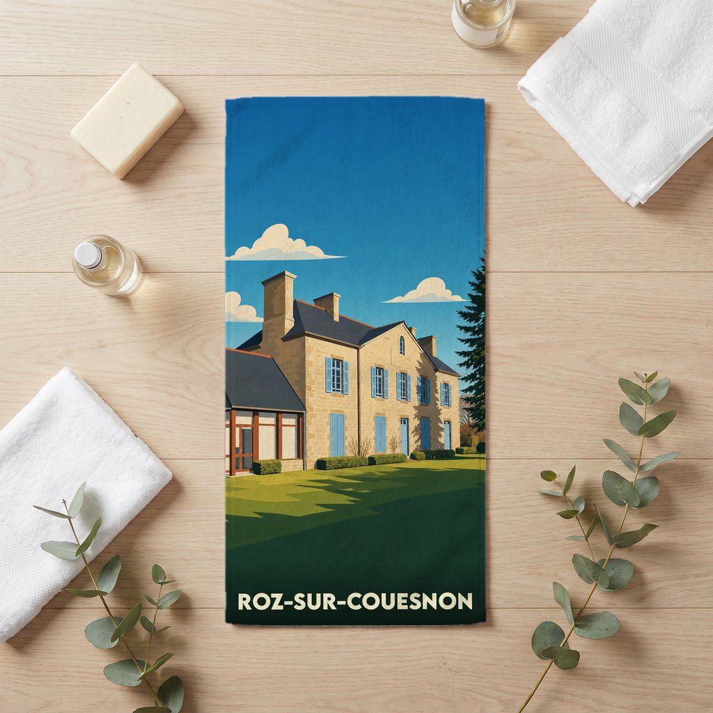 Serviette de bain souvenir de Roz-sur-Couesnon avec une illustration stylisée d'un manoir breton.
