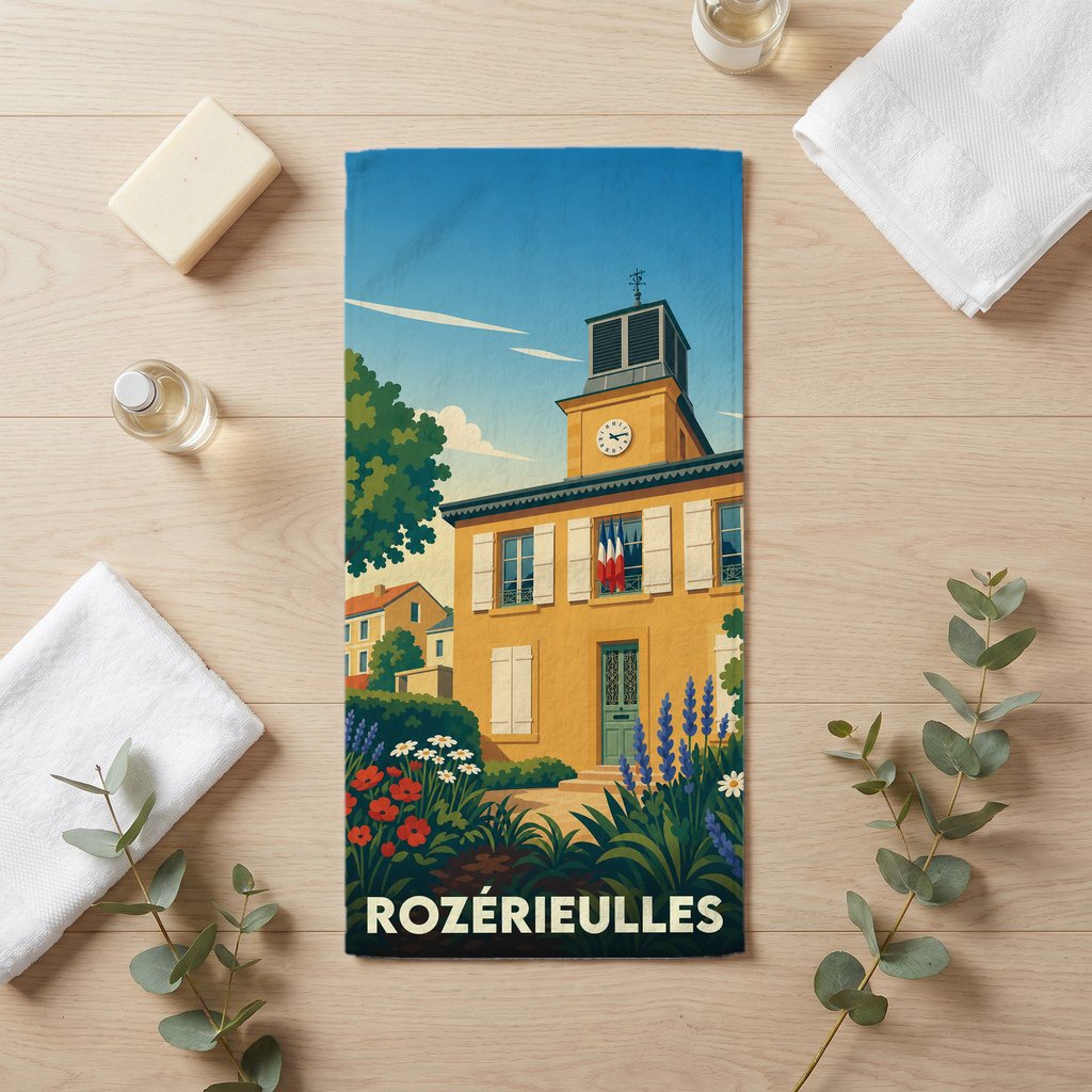 Serviette de bain souvenir de la ville de Rozérieulles avec une illustration stylisée de sa mairie.