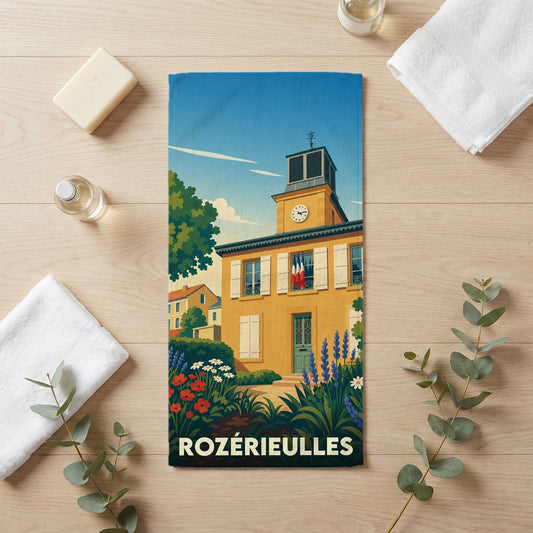 Serviette de bain souvenir de la ville de Rozérieulles avec une illustration stylisée de sa mairie.