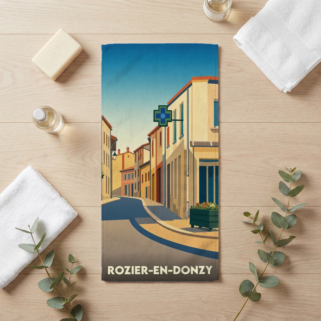 Serviette de bain souvenir de la ville de Rozier-en-Donzy avec une illustration stylisée de ses rues.