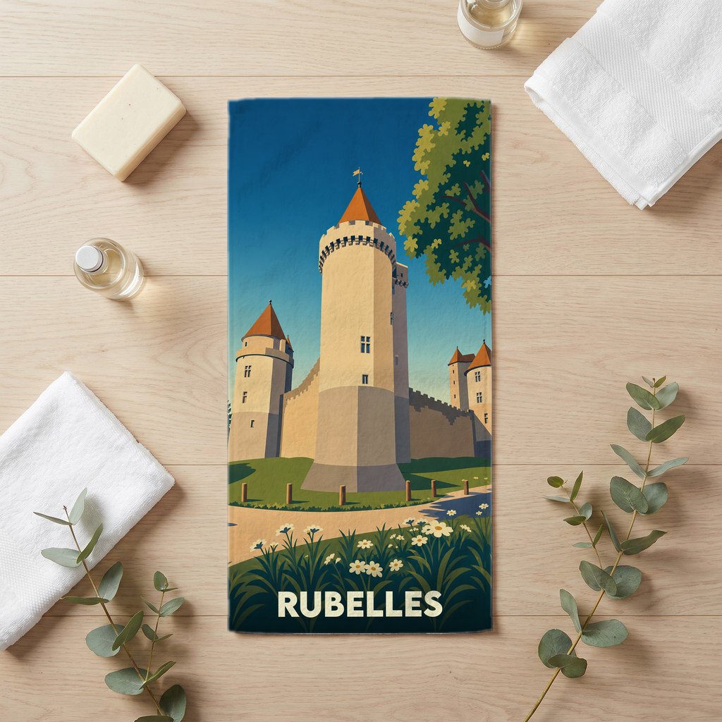Serviette de bain souvenir de la ville de Rubelles avec une illustration stylisée d'un château médiéval.