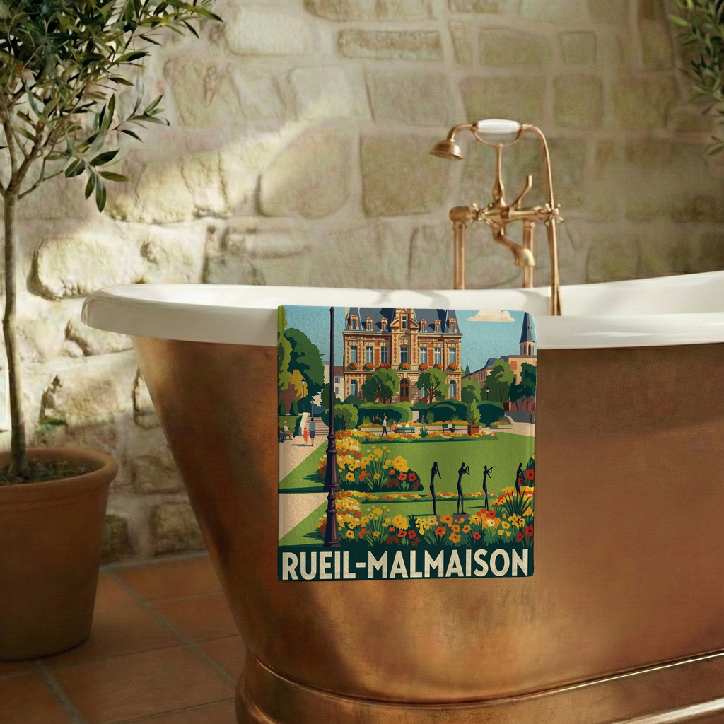 Serviette de bain souvenir de la ville de Rueil-Malmaison avec une illustration stylisée.