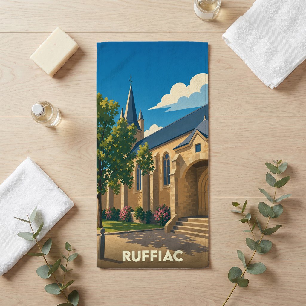 Serviette de bain souvenir de la ville de Ruffiac avec une illustration stylisée de son église.