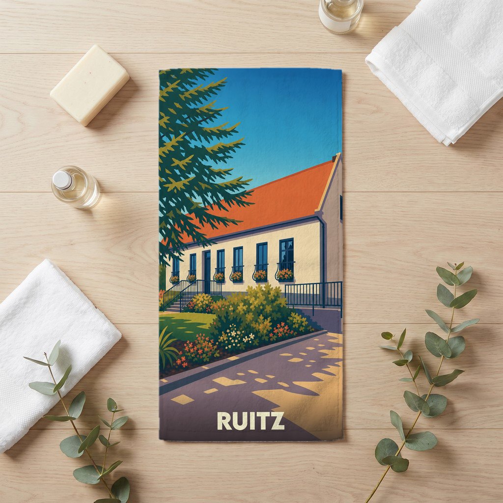 Serviette de bain souvenir de la ville de Ruitz avec une illustration stylisée d'une maison fleurie.