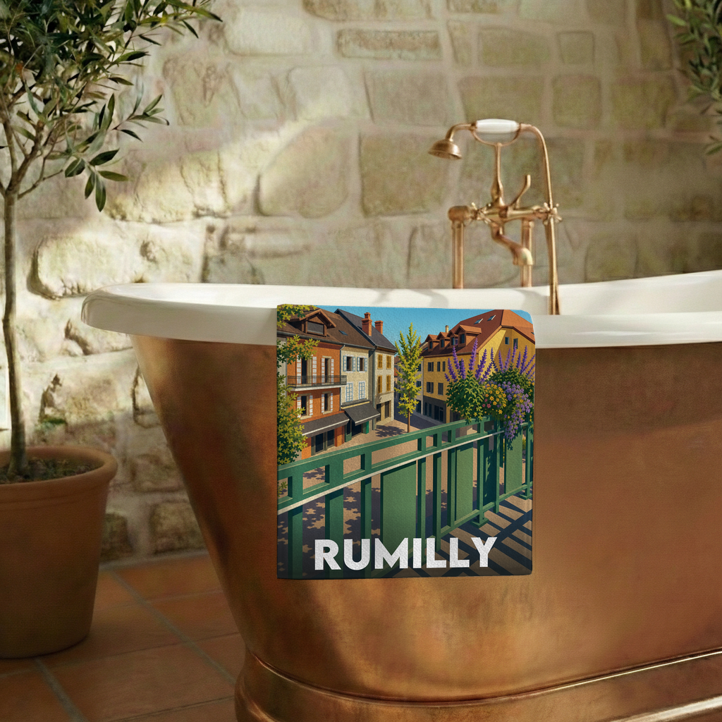 Serviette de bain souvenir de la ville de Rumilly avec une illustration stylisée.