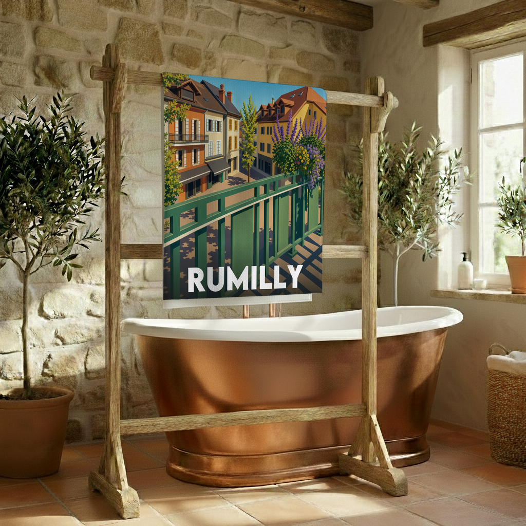 Serviette de bain souvenir de la ville de Rumilly avec une illustration stylisée et colorée.