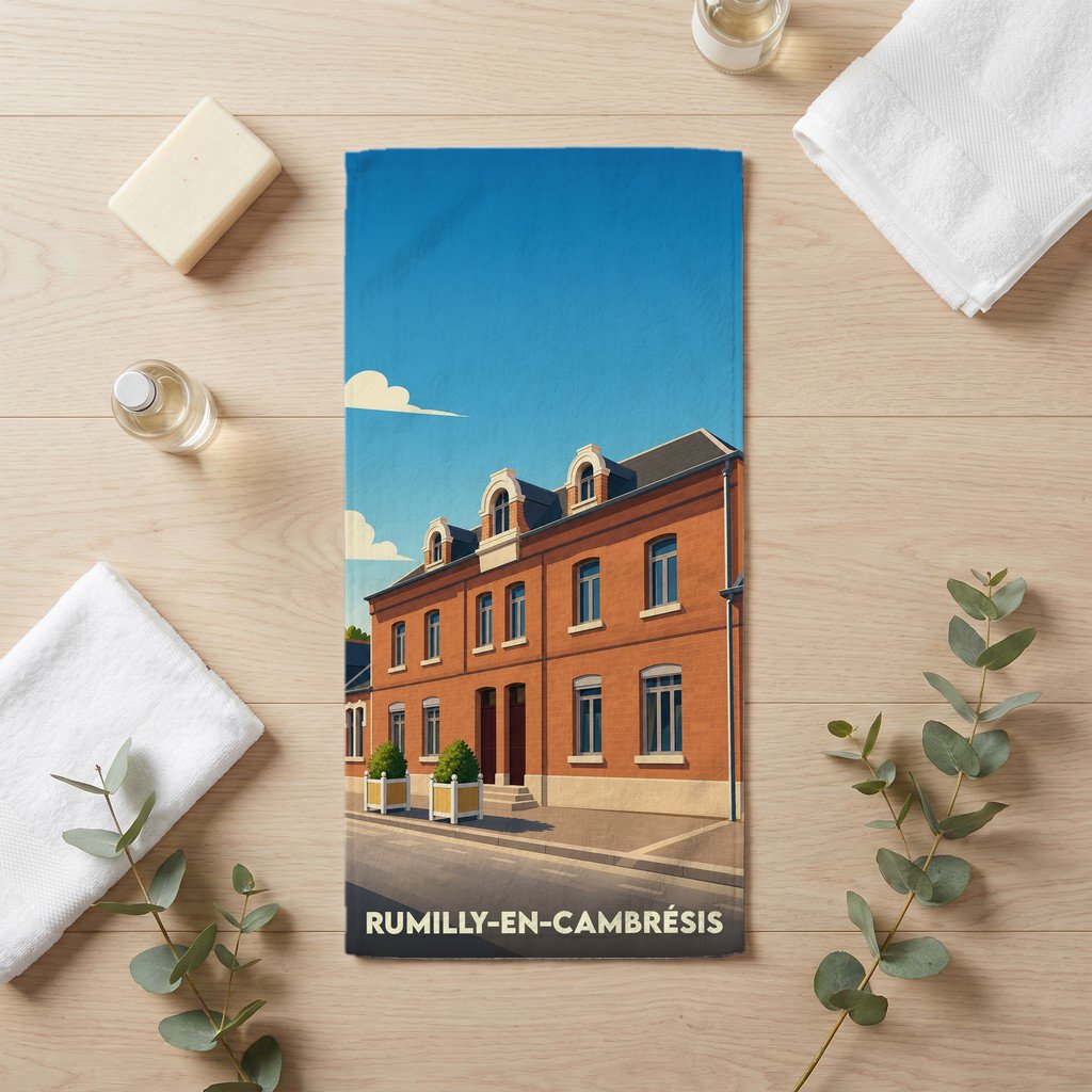 Serviette de bain souvenir de la ville de Rumilly-en-Cambrésis avec une illustration stylisée.