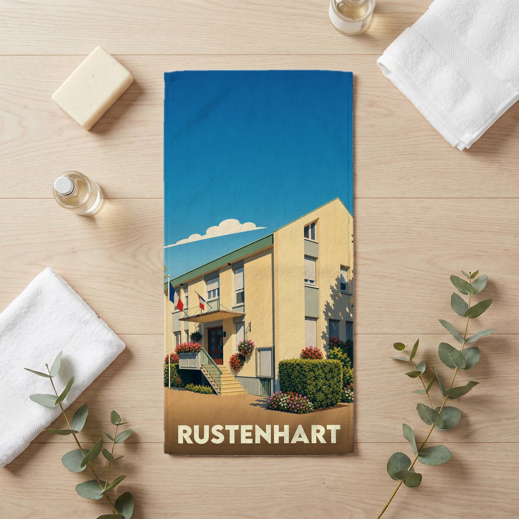 Serviette de bain souvenir de la ville de Rustenhart avec une illustration stylisée.