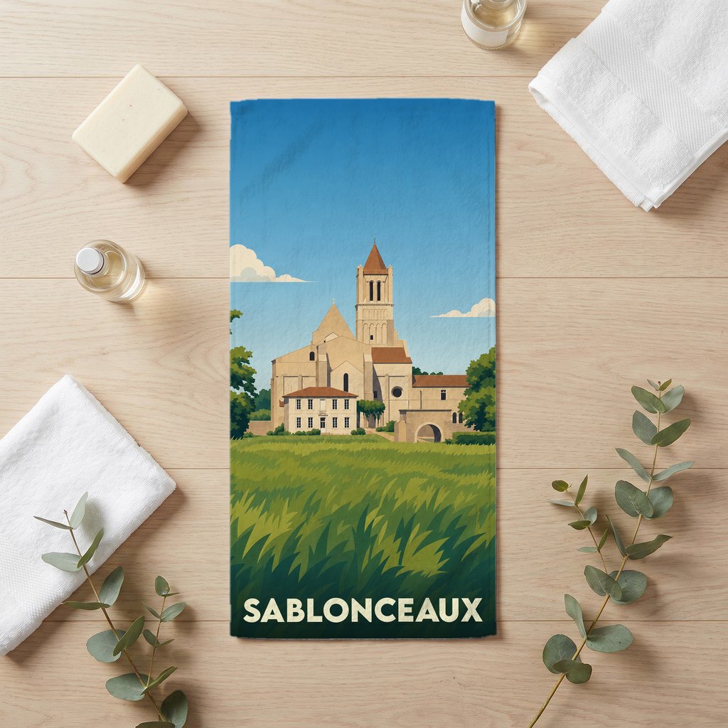 Serviette de bain souvenir de la ville de Sablonceaux avec une illustration stylisée de son abbaye.