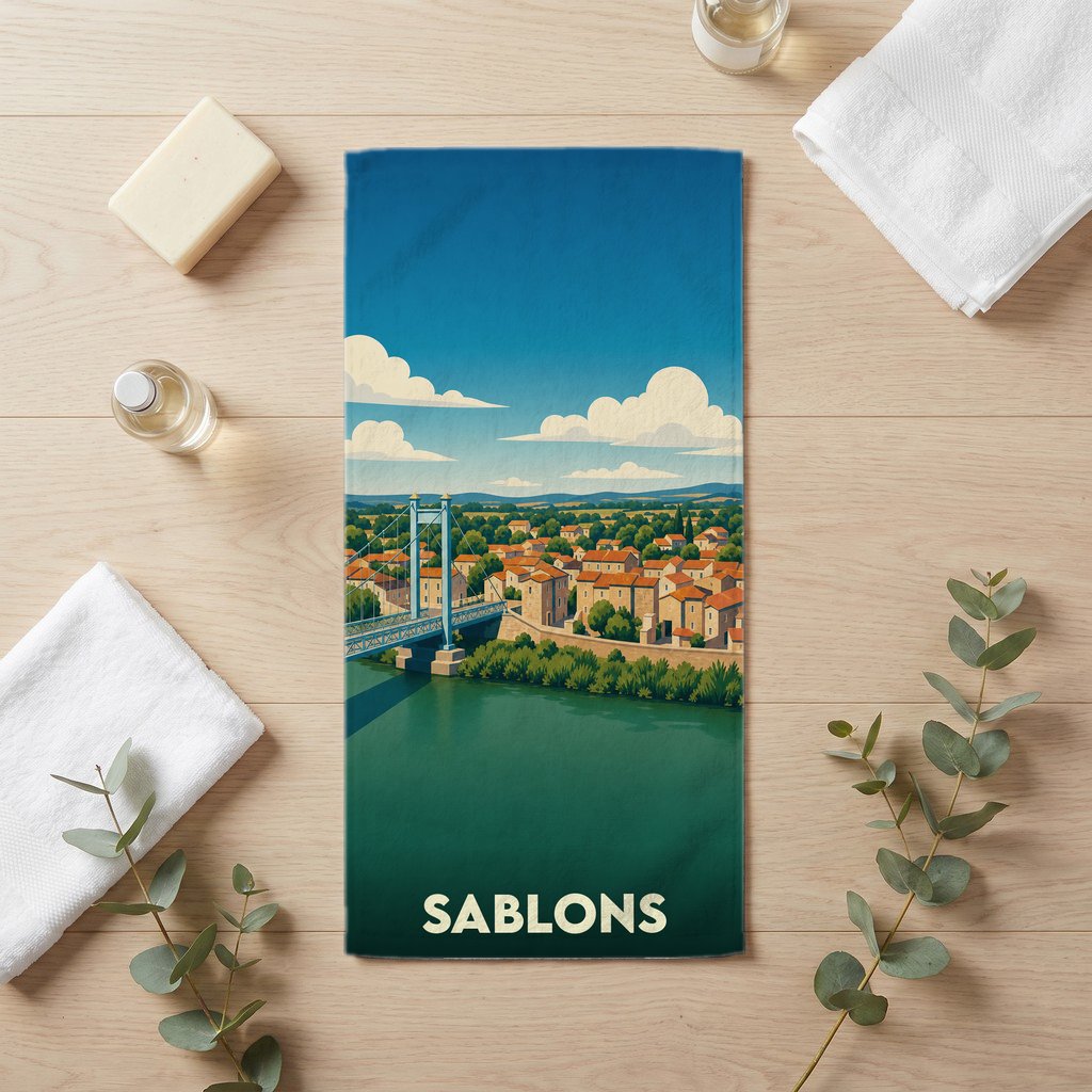 Serviette de bain souvenir de la ville de Sablons avec une illustration stylisée d'un pont et d'un village en bord de rivière.