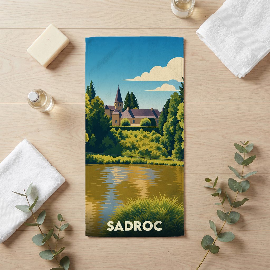 Serviette de bain souvenir de la ville de Sadroc avec une illustration paysagère stylisée.
