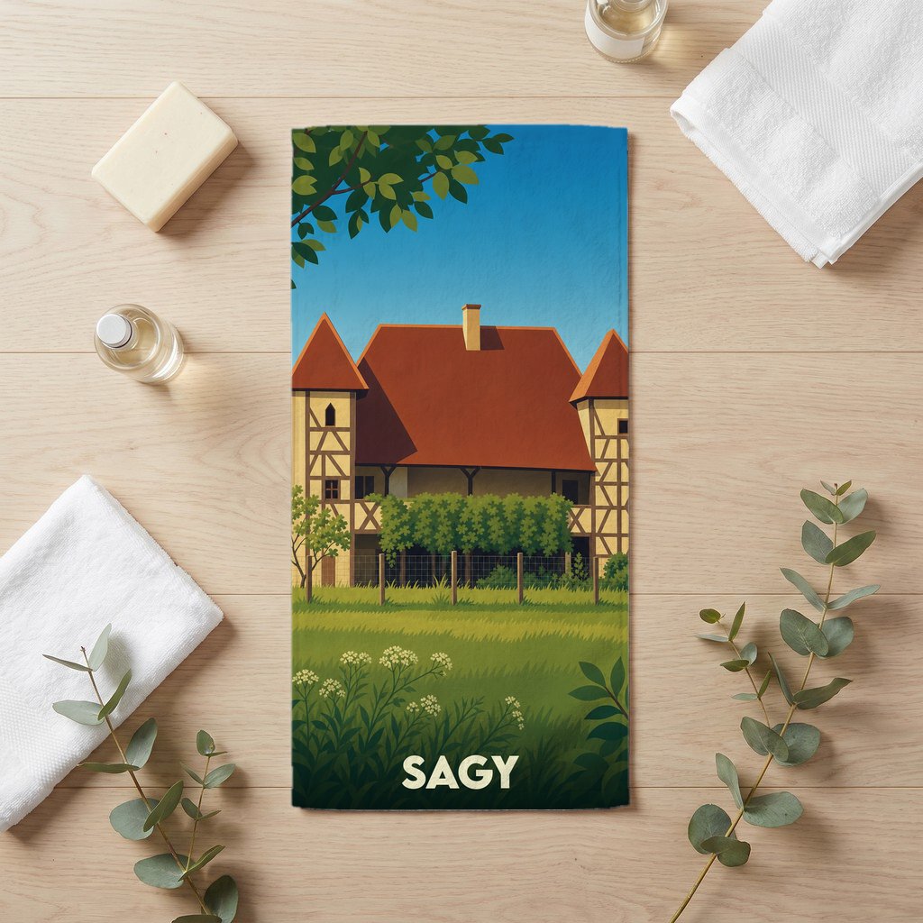 Serviette de bain souvenir de la ville de Sagy illustrée d'un manoir à colombages dans un style graphique épuré.