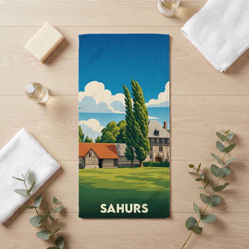 Serviette de bain souvenir de la ville de Sahurs illustrée d'un paysage normand stylisé.