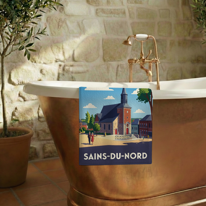 Serviette de bain souvenir de la ville de Sains-du-Nord avec une illustration stylisée.