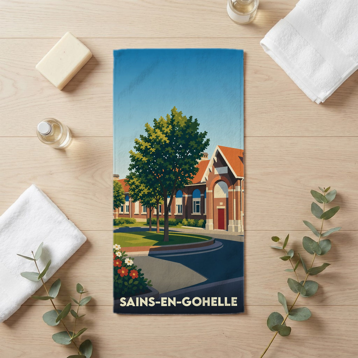 Serviette de bain 30 cm x 60 cm souvenir de Sains-en-Gohelle