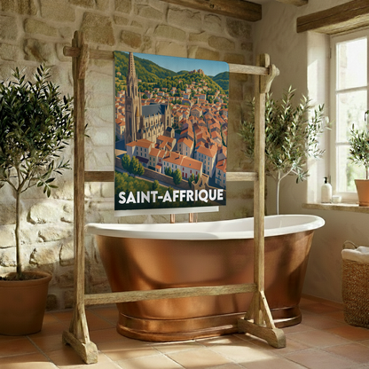 Serviette de bain souvenir de la ville de Saint-Affrique avec une illustration stylisée.