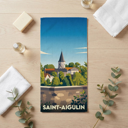 Serviette de bain souvenir de la ville de Saint-Aigulin avec une illustration stylisée.