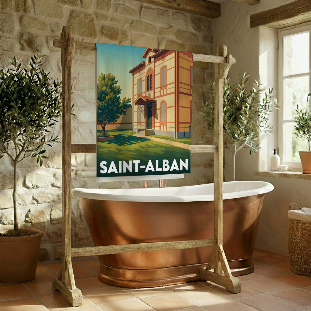 Serviette de bain souvenir de la ville de Saint-Alban avec une illustration stylisée d'une villa régionale.