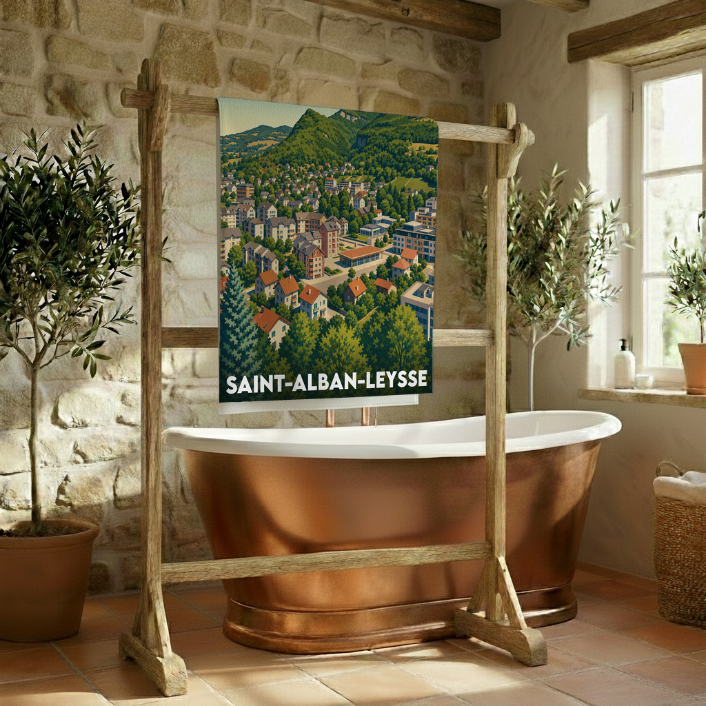 Serviette de bain souvenir de la ville de Saint-Alban-Leysse avec une illustration stylisée de son paysage urbain et montagneux.