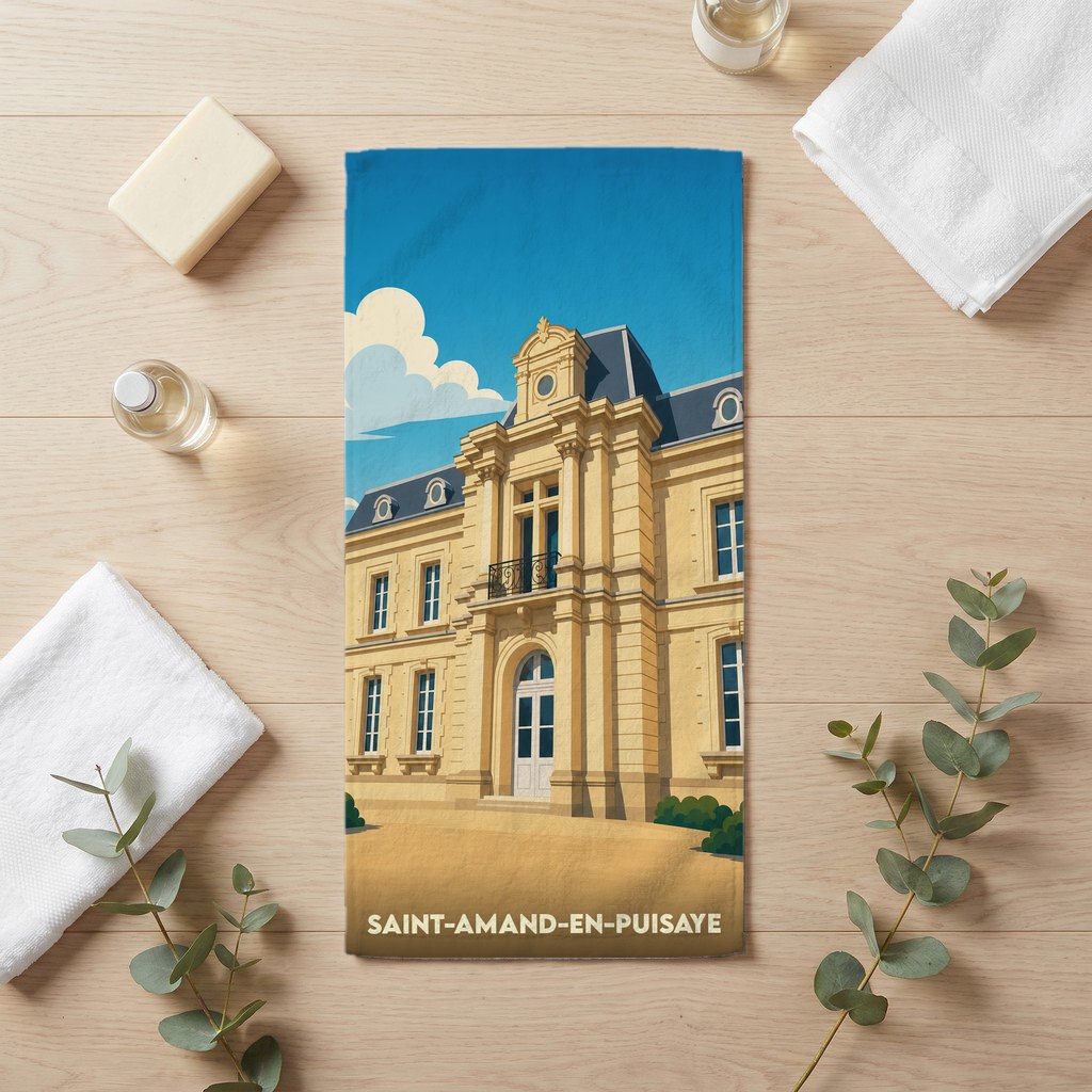 Serviette de bain souvenir de la ville de Saint-Amand-en-Puisaye avec l'illustration stylisée d'un bâtiment historique.