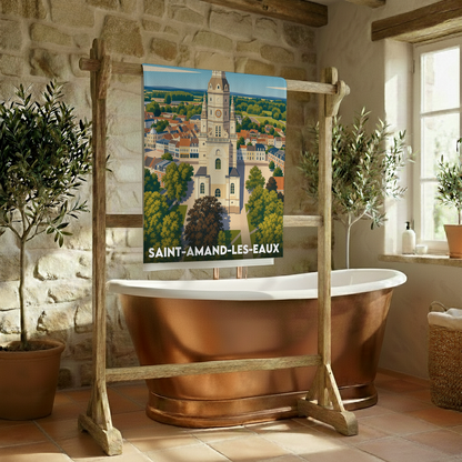 Serviette de bain souvenir de la ville de Saint-Amand-les-Eaux avec une illustration stylisée.