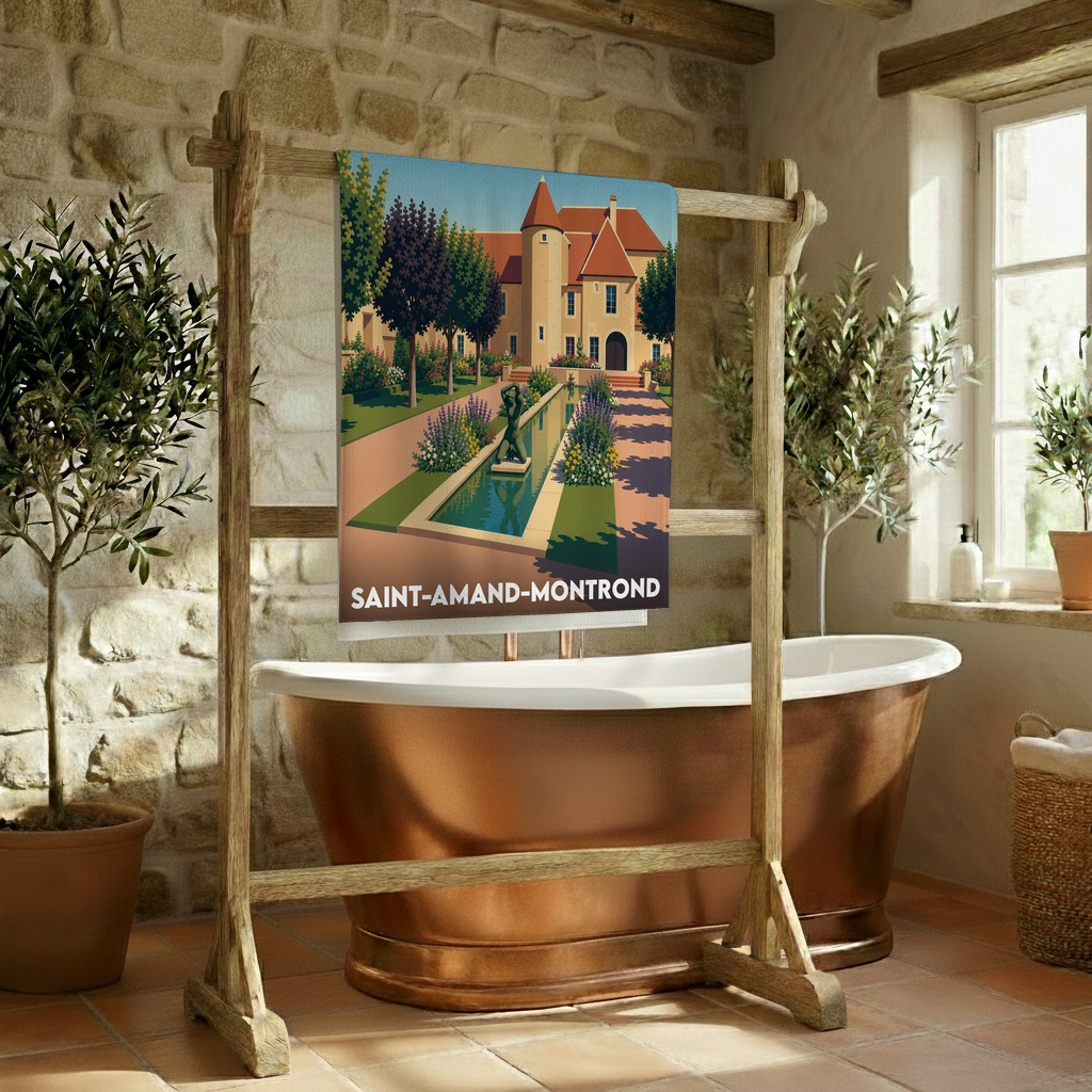 Serviette de bain souvenir de la ville de Saint-Amand-Montrond avec une illustration stylisée d'un château et ses jardins.