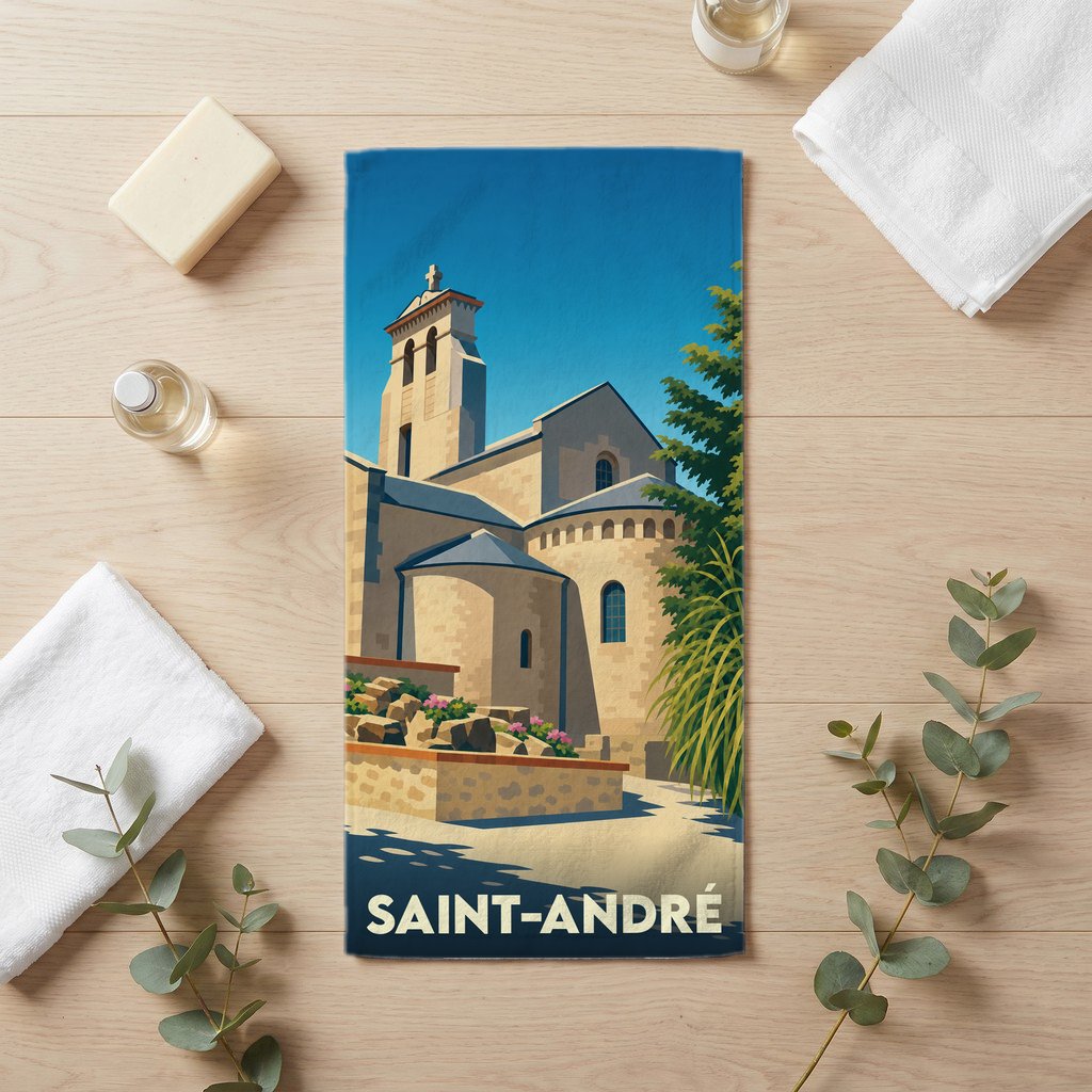 Serviette de bain souvenir de la ville de Saint-André avec une illustration stylisée de son église.