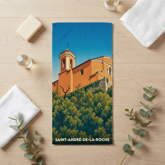 Serviette de bain souvenir de la ville de Saint-André-de-la-Roche avec une illustration stylisée.