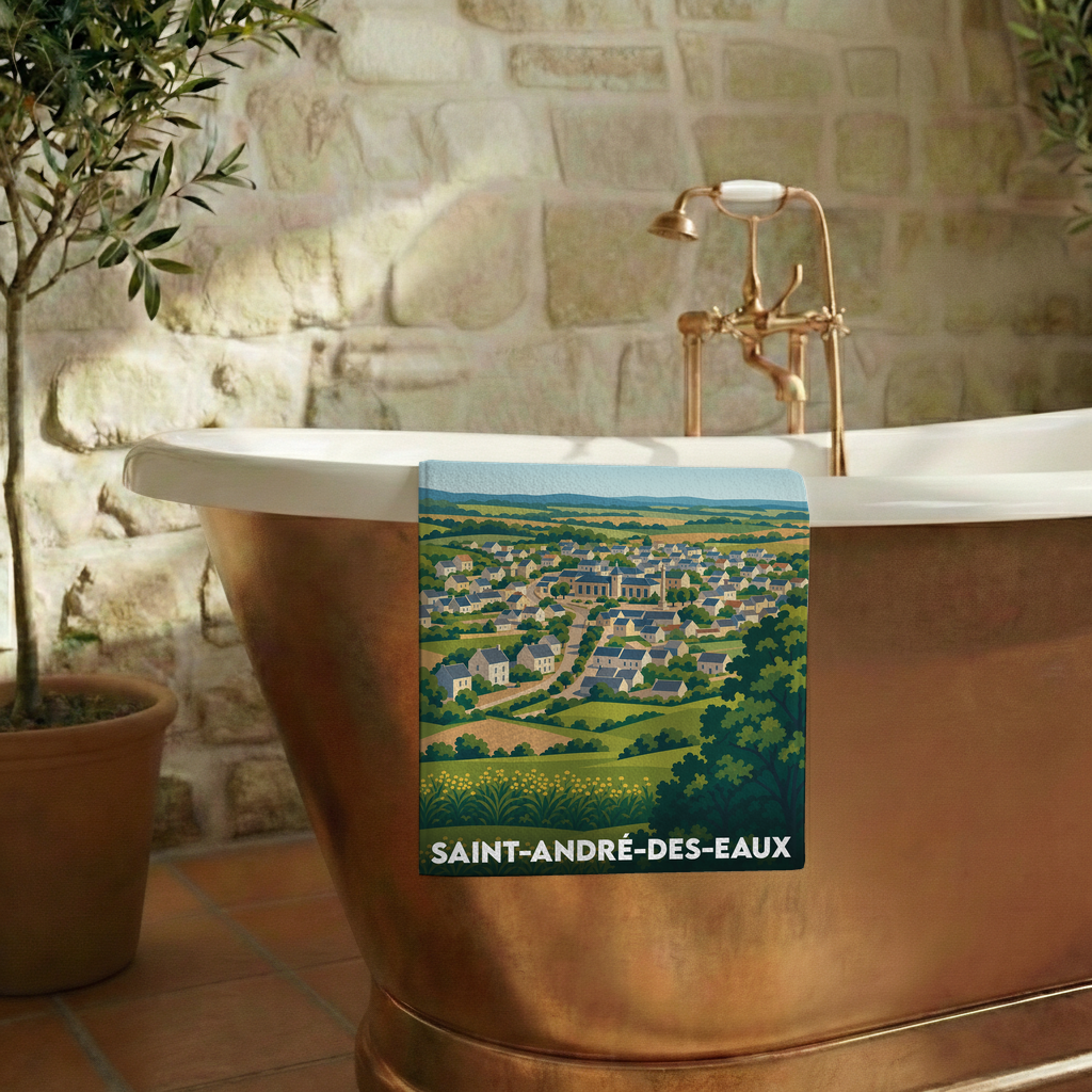 Serviette de bain souvenir de Saint-André-des-Eaux avec une illustration stylisée de la ville.