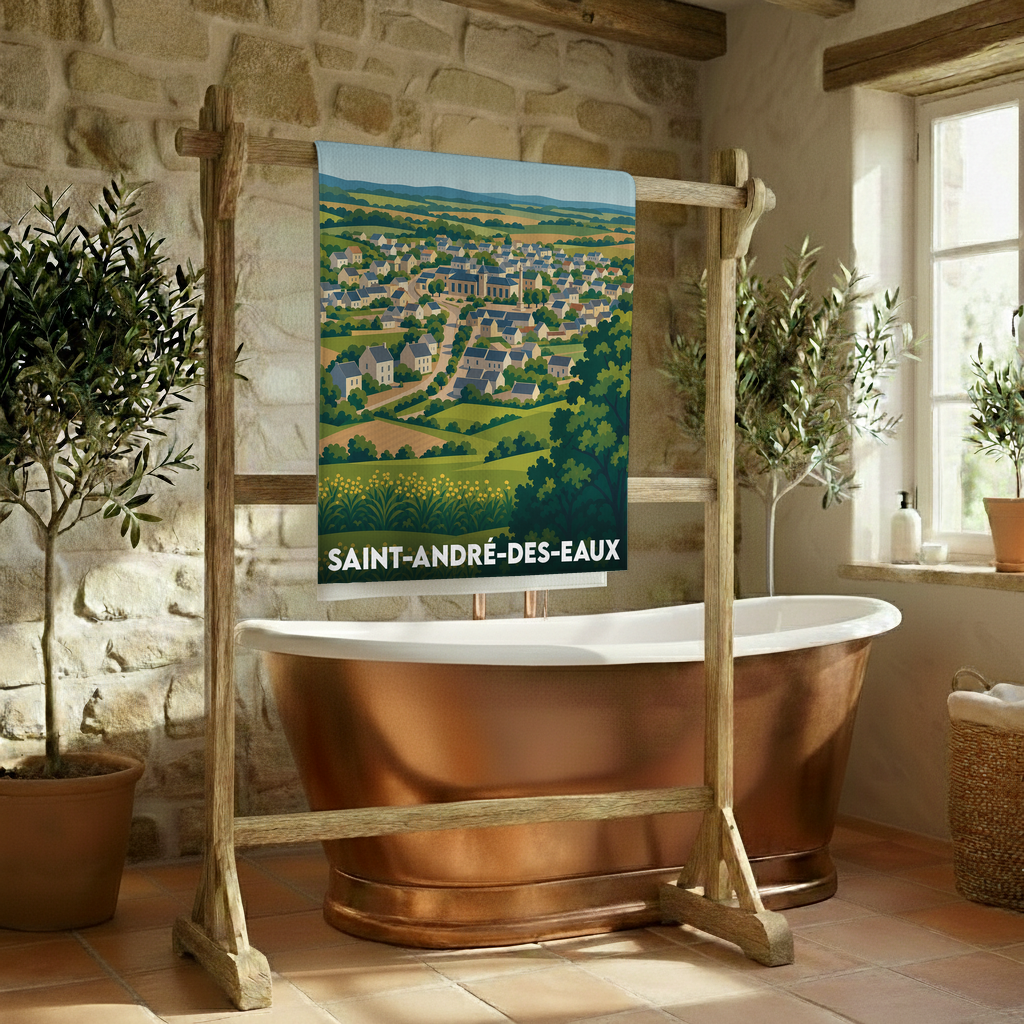 Serviette de bain souvenir de la ville de Saint-André-des-Eaux avec une illustration stylisée.