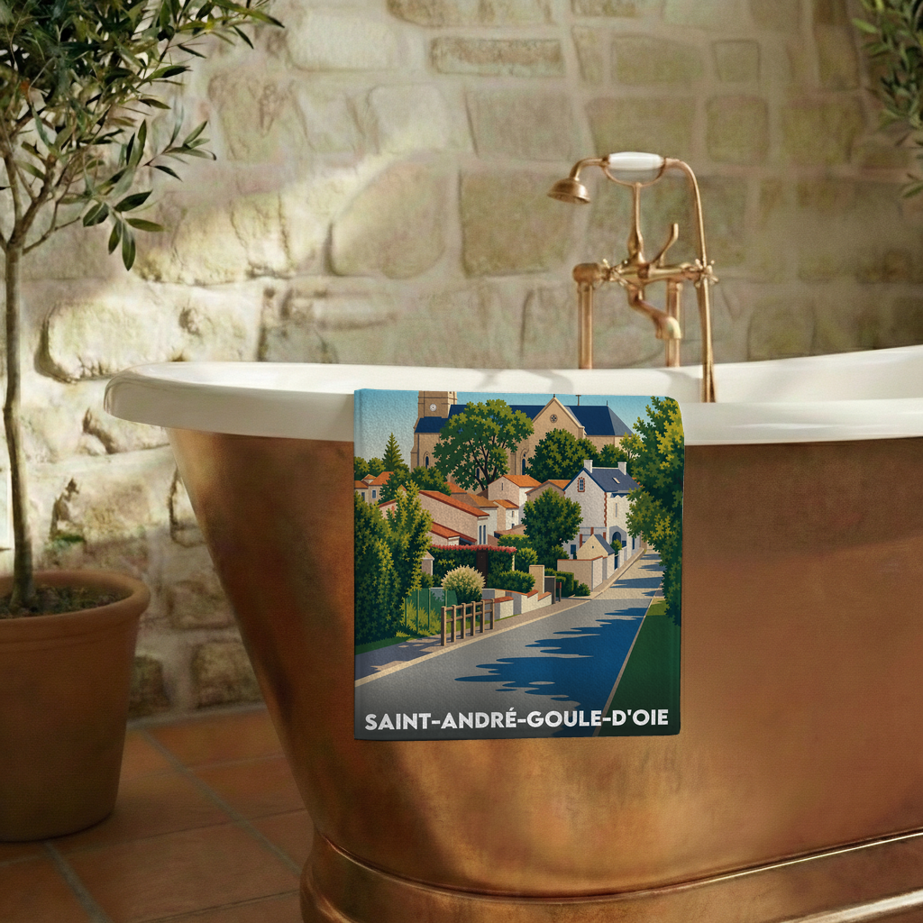 Serviette de bain souvenir de la ville de Saint-André-Goule-d'Oie avec une illustration stylisée.