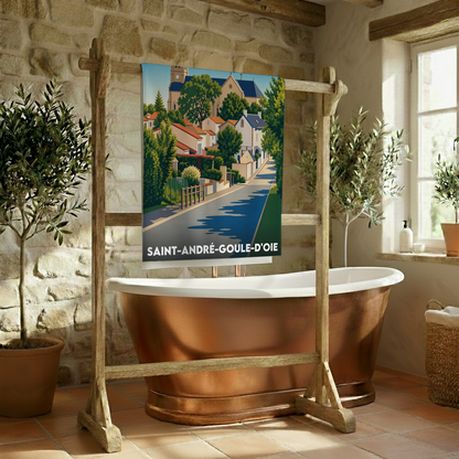Serviette de bain souvenir de Saint-André-Goule-d'Oie avec une illustration stylisée de la ville.