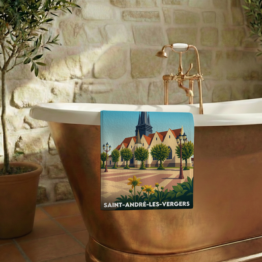 Serviette de bain souvenir de la ville de Saint-André-les-Vergers avec une illustration stylisée.