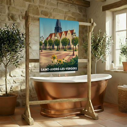 Serviette de bain souvenir de la ville de Saint-André-les-Vergers avec une illustration stylisée.