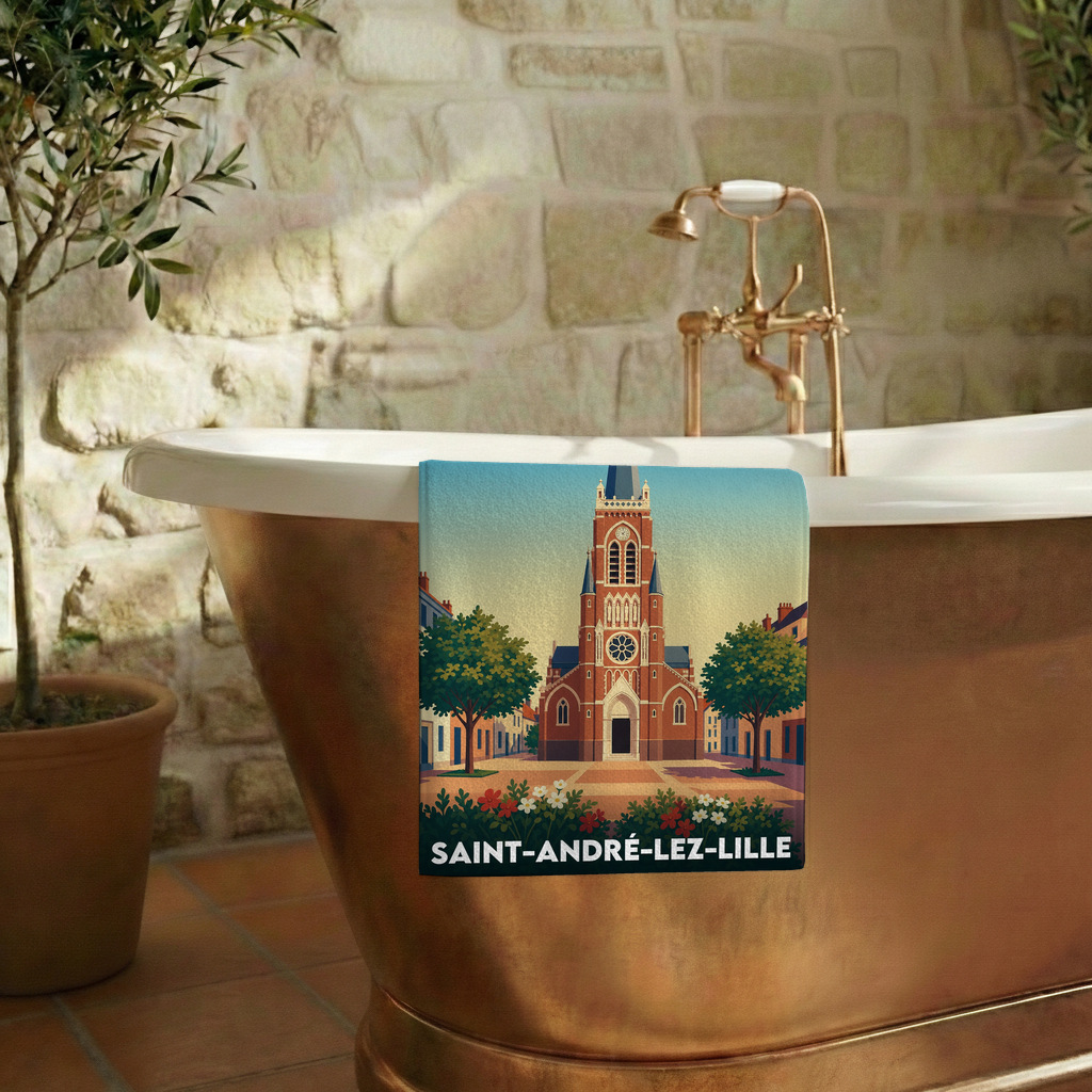 Serviette de bain souvenir de la ville de Saint-André-lez-Lille avec une illustration stylisée.