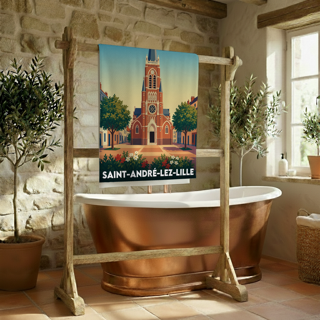 Serviette de bain souvenir de la ville de Saint-André-lez-Lille avec une illustration stylisée.