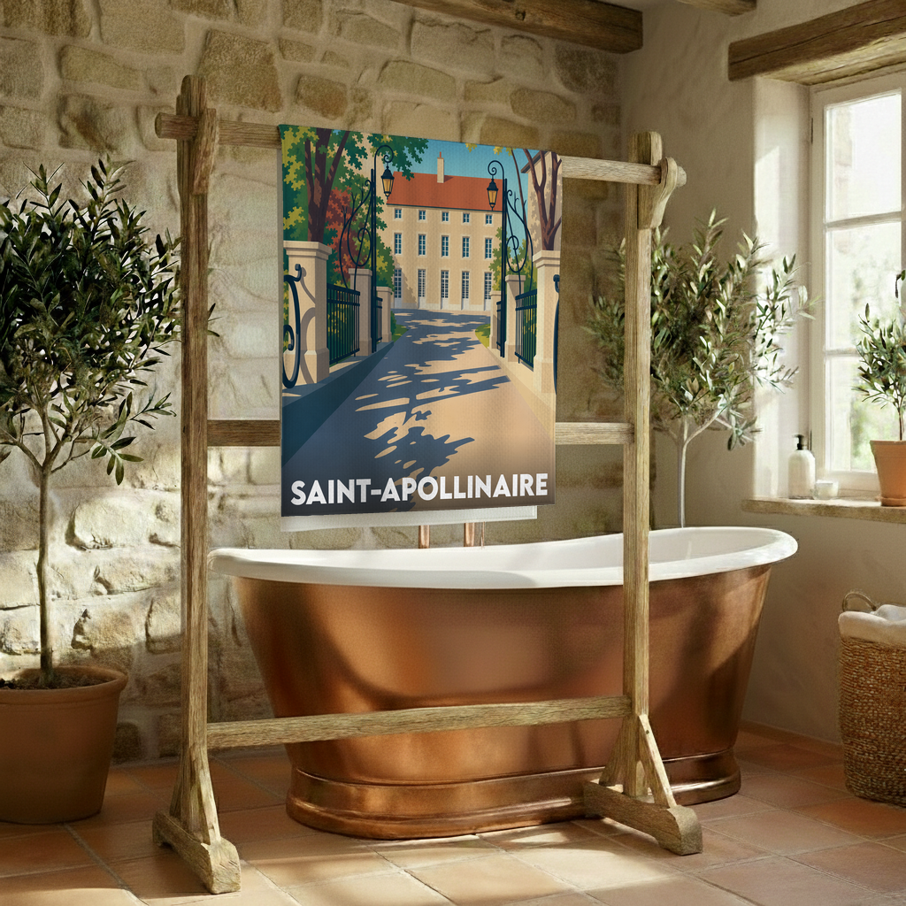 Serviette de bain souvenir de la ville de Saint-Apollinaire avec une illustration stylisée.
