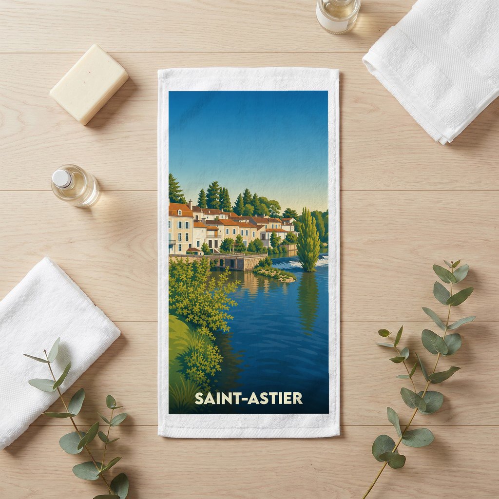 Serviette de bain souvenir de la ville de Saint-Astier avec une illustration stylisée des bords de l'Isle.