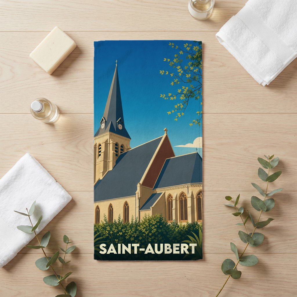 Serviette de bain souvenir de la ville de Saint-Aubert avec une illustration stylisée de son église.