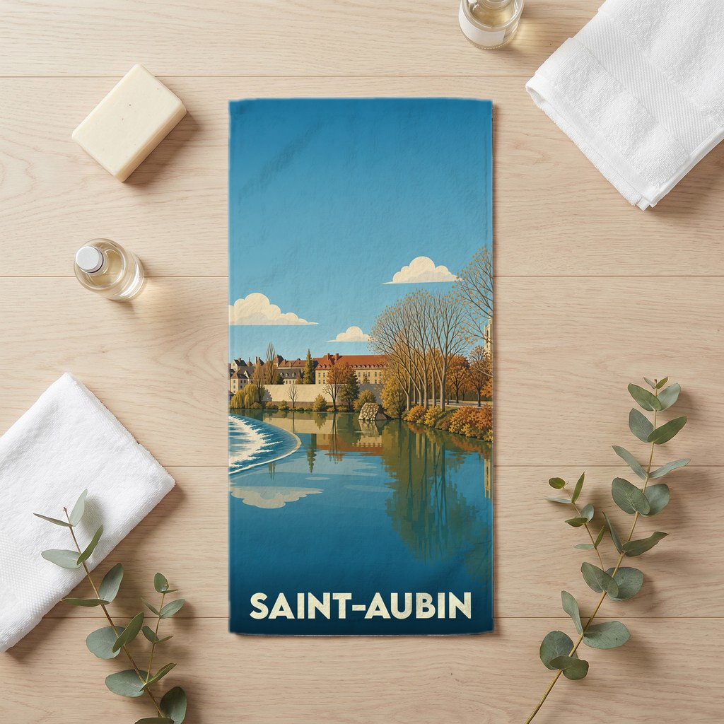 Serviette de bain souvenir de la ville de Saint-Aubin avec une illustration stylisée d'un paysage fluvial.
