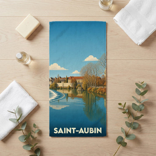 Serviette de bain souvenir de la ville de Saint-Aubin avec une illustration stylisée d'un paysage fluvial.