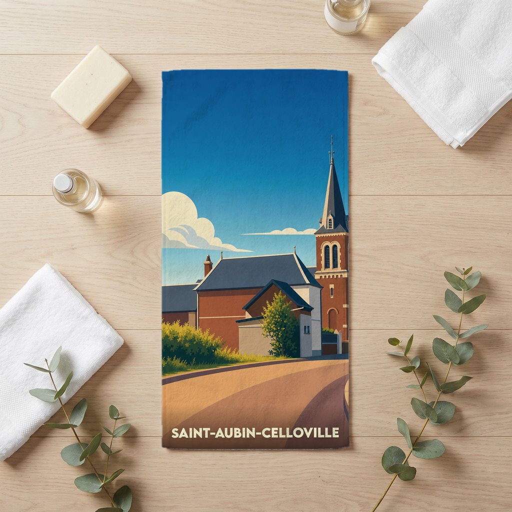 Serviette de bain souvenir de Saint-Aubin-Celloville ornée d'une illustration stylisée de son église et de ses maisons.