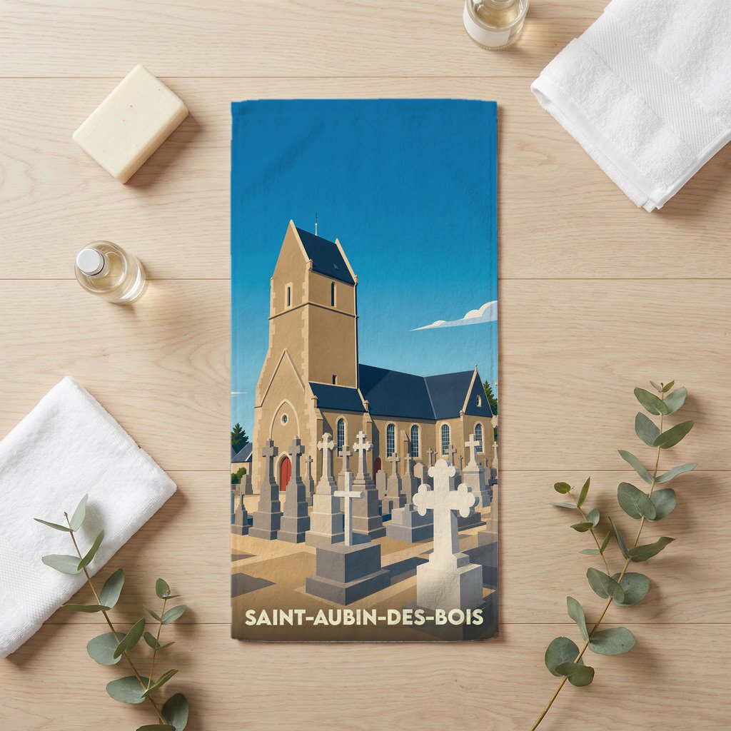 Serviette de bain souvenir de Saint-Aubin-des-Bois illustrée d'une église et de son cimetière.
