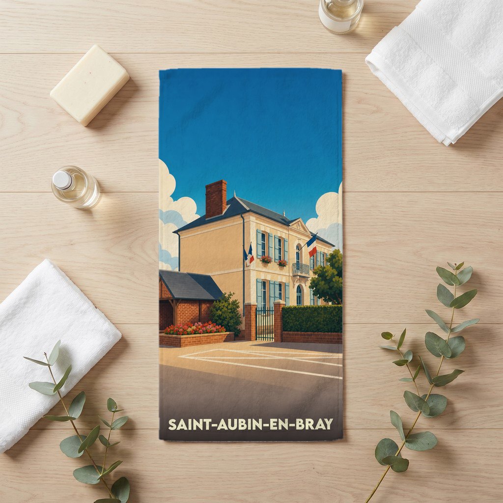Serviette de bain souvenir de la ville de Saint-Aubin-en-Bray avec une illustration stylisée d'un bâtiment typique.