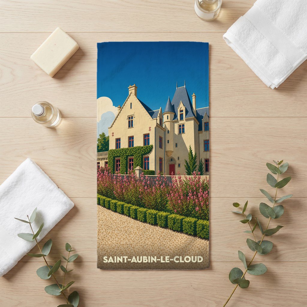 Serviette de bain souvenir de la ville de Saint-Aubin-le-Cloud avec une illustration stylisée d'un château.