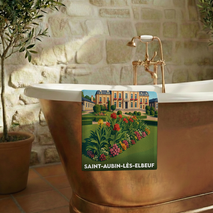 Serviette de bain souvenir de la ville de Saint-Aubin-lès-Elbeuf avec une illustration stylisée.